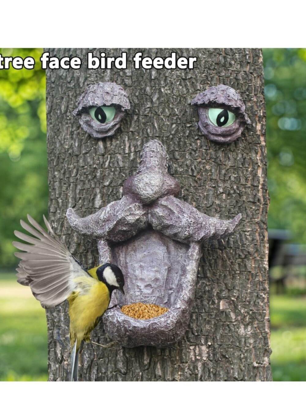 Tree Face Bird Feeder Garden Sculpture – Glow Eyes – Outdoor Yard Decor